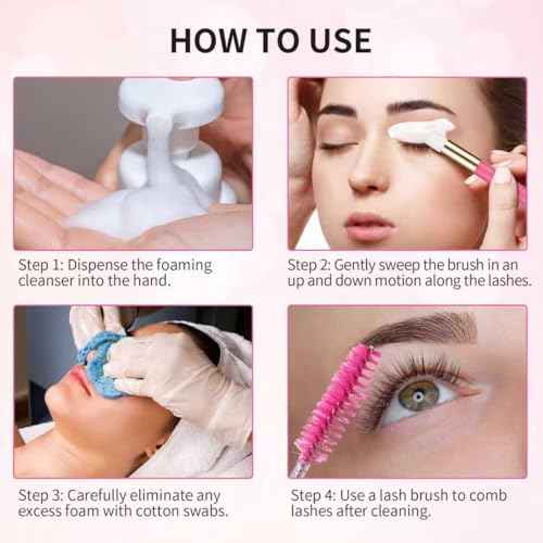 50 Pcs Lash Shampoo Bottle Brushes Set 10 Empty Foam Pump Dispensers 10 Label Stickers 10 Mascara Wands Tubes 10 Cleansing Brush 10 Bag for Eyelash Extensions Aftercare(Rose Red)