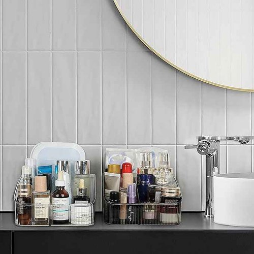 JessLab Makeup Organizer, PET Skincare Organizer with 5-Compartment Cosmetic Storage Makeup Organizer for Desk Wardrobe Bathroom Vanity Countertop, Transparent