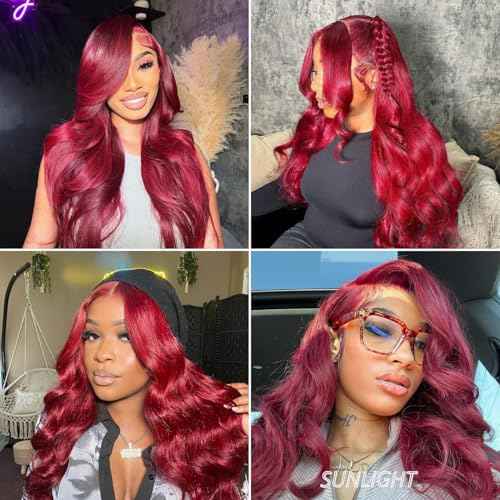 Red Burgundy Bundles Human Hair Body Wave, 12A Colored Bundles Human Hair 100% Unprocessed Remy Hair, Soft and Thick Burgundy Cherry Red 99J Single Wavy Sew in Quick Weave Double Weft 12 Inch