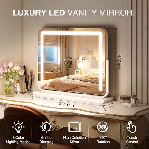 Vanity Mirror with Lights 21"¡¿15.7" LED Makeup Mirror,Dimmable Smart Touch Control Mirror with Lights for Bedroom Tabletop,10X Magnifier &360¡Æ Rotation,Vanity Mirror Square White,Ideal Gifts for Her
