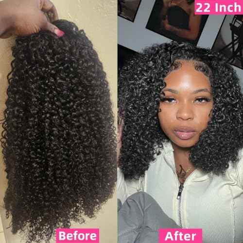 Half Wig 200 Density Kinky Curly Half Wig Human Hair Glueless Wear Go Curly Wig Beginner Friendly Seamless Flip Over Wig with Drawstring 3 In 1 Headband Wig for Women 16 Inch