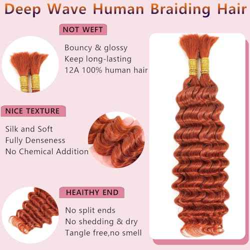 Human Braiding Hair for Boho Braids 24inch Deep Wave Bulk Human Hair for Braiding Knotless 12A 100% Unprocessed Brazilian Virgin Hair Extensions Bulk Bohemian 350#