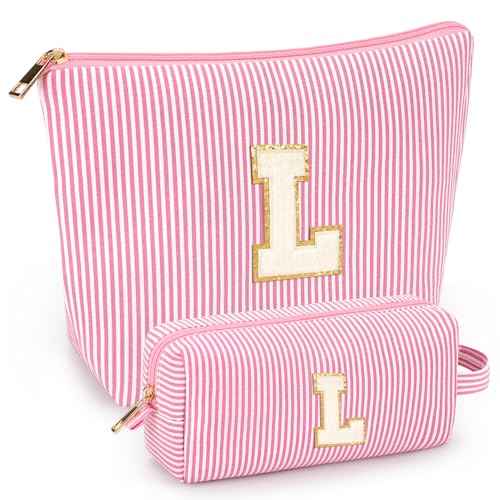 2 PCS Initial Makeup Bags for Women: Cosmetic Bag for Travel Toiletry - Birthday Gifts for 11 12 13 14 15 16 17 18 Years Old Girl Graduation Teacher Gift- Teen Girl Gifts Trendy Stuff - Pink L