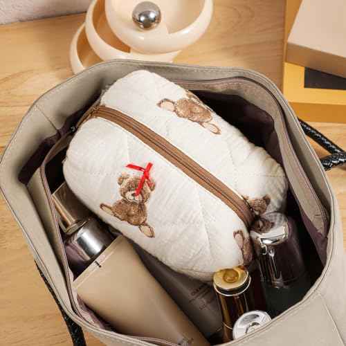 Cute Small Floral Cotton Makeup Bag, Quilted Zipper Pouch with Coquette Bear for Women and Girls, Kawaii Travel Cosmetic Bags for Purse(01Little Bear)