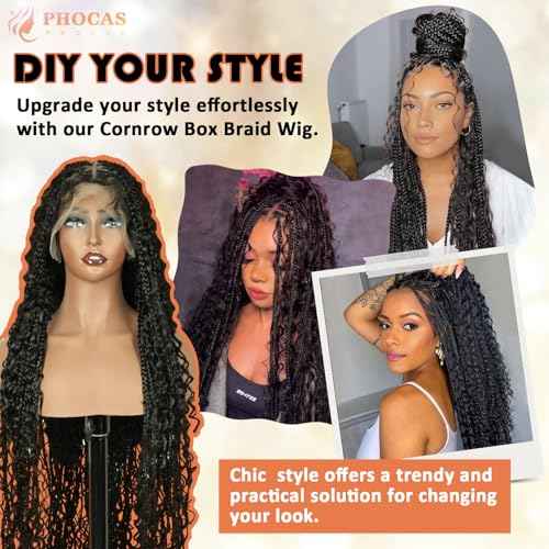 PHOCAS Boho Braid Wig 48'',Knotless Braided Wigs Natural Black,Curly Ended Double Full Lace Box Braids Wig for Women