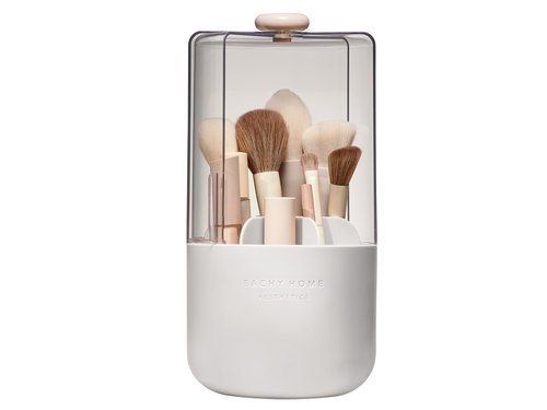 EACHY Makeup Brush Holder 360° Rotating with Dustproof Lid, Waterproof Material, 7 Compartments for Organized Storage, Stylish and Durable Design for Vanity (White)