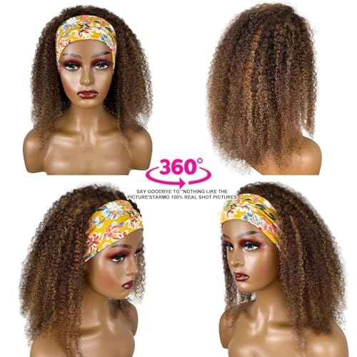 Ombre Highlight Headband Wig Human Hair #4/27 Colored Kinky Curly Headband Wig for Black Women Glueless None Lace Front Human Hair Wigs Brazilian Virgin Hair Wear and Go Wigs 150% Density 24 Inch