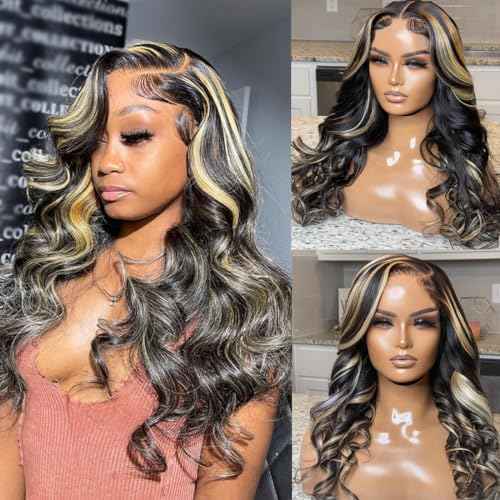 Highlight 5x5 HD Lace Closure Wigs Wear and Go Glueless Wigs Human Hair Pre Plucked Pre Cut 1B/27 Honey Blonde Body Wave Lace Front Wigs Human Hair for Women 180% Density 26Inch