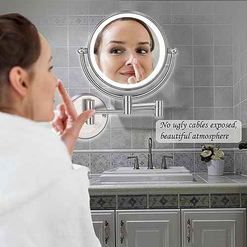 Bathroom Magnifying Makeup Mirror Wall Mounted with Light, Hardwired 7W LED Lighted Vanity Mirror, 360 Swivel 17.7 Inch Brass Extension Arm, Touch Dimmable, Brushed Nickel