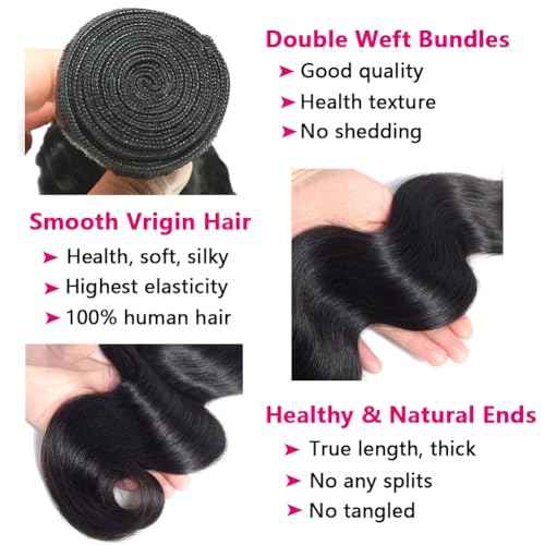 18 20 22 Inch Body Wave Bundles with Closure (16 Inch 5x5 HD Lace Closure) Human Hair Brazilian 3 Bundles with Closure Unprocessed Virgin Human Hair Free Part