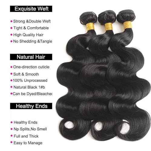 12A Human Hair Bundles 22 24 26 Inch Body Wave Bundles Human Hair Unprocessed Brazilian Virgin Hair 3 Bundles Weave Extensions Natural Black Color Bundle