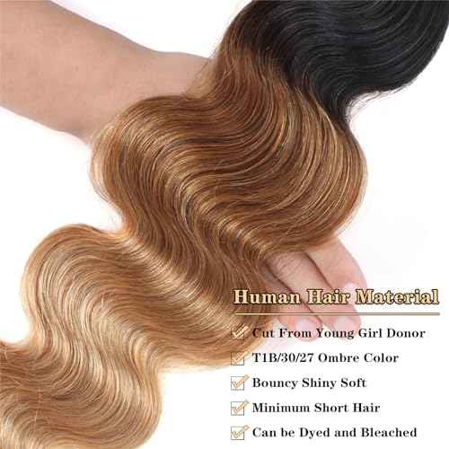 12A Grade Ombre Body Wave Bundles Human Hair (T1B/30/27,16" 18" 20") Brazilian Ombre Brown Body Wave Human Hair 3 Bundles 100% Real Unprocessed Virgin Remy Hair Quick Weave
