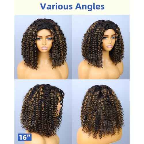 BLY Highlight Water Wave Half Wig Human Hair 3 in 1 Glueless Drawstring Flip Over Wear Go Wig for Women 1B 30 Color 180 Density Short Bob Wigs 12 Inch