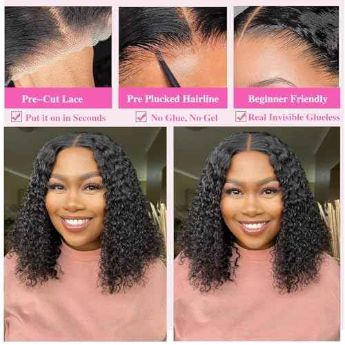 Bob Wig Human Hair Glueless Wigs Human Hair Pre Plucked Pre Cut 5x5 Short Curly Human Hair Wig For Black Women 180 Density Deep Wave Closure Wigs Human Hair 14 Inches Natural Black