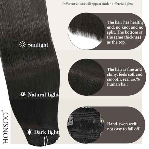 Honsoo Brown Clip In Real Human Hair Extensions 20in 7pcs Dark Brown Natural Remy Soft Long Human Hair Extensions