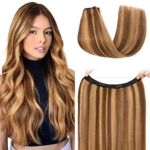 S-noilite Halo Hair Extension Invisible Wire in Real Remy Human Hair Extensions with Clips Adjustable Hidden Wire in Hair Extension for Women 16 inch Medium Brown Highlighted Honey Blonde