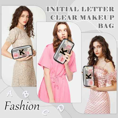 Personalized Initial Letter Clear Makeup Bag,Preppy Small Nylon&PVC Cosmetic Zipper Bag with Chenille Letter,Travel Skincare Toiletry Bag,Monogram Christmas Gift for Teen Girls Women,K