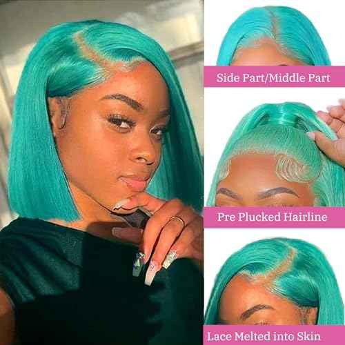 Ubetta Lake Blue Bob Wig Human Hair Lace Front Wigs 13x4 Glueless Lace Front Bob Wigs Human Hair Pre Plucked 8 Inch Colored Teal Blue Bob Wig for Black Women 180% Density