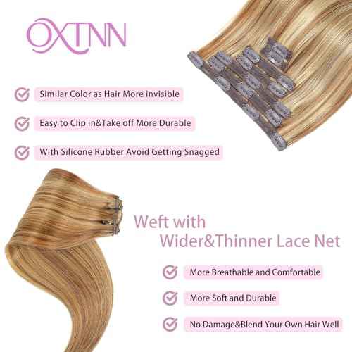 Clip in Hair Extensions Real Human Hair Chocolate Brown to Caramel Blonde 18 inch 7pcs 80g/Pack, Human Hair Clip in Extensions, Salon-Grade Quality, Easy Comfort Wear for Women (#P4/27, 18 inch)