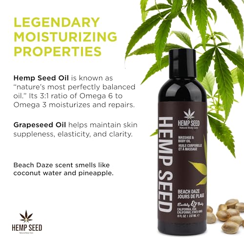 Hemp Seed Massage & Body Oil, Beach Daze Scent - 8 fl. oz. - Nourishing, Moisturizing Massage Oil - Hemp Seed, Apricot, Grapeseed & Sweet Almond Oil - Vegan & Cruelty Free