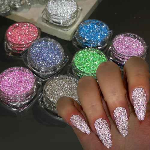 Reflective Glitter Powder Set, 8 Colors Sparkle Diamond Nail Glitter Dust, Silver Pink Purple Green Loose Glitter for Nails, Shiny Sugar Nail Powder Dipping Pigment, Nail Supplies