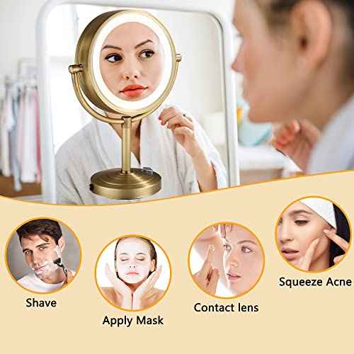 8.5 inch LED Makeup Mirror with 10X Magnification,has Three Colors Lights,Extendable Bathroom Mirror,Tabletop Two-Sided, Antique Brass Finish (Antique Brass, 10x Magnification)