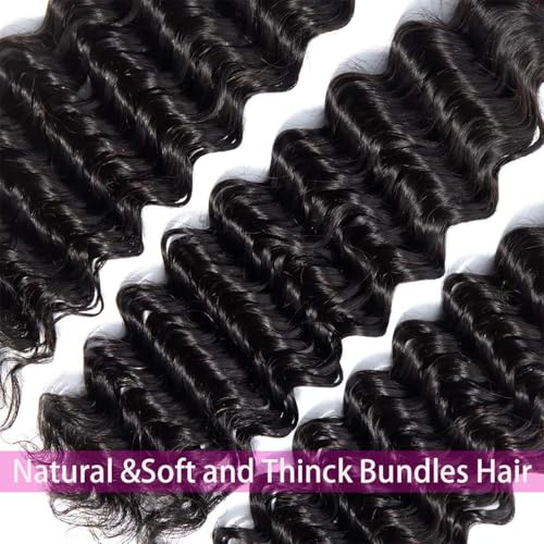 12A Deep Wave Bundles Human Hair 12 14 16 Inch 100% Unprocessed Brazilian Virgin Deep Curly Human Hair 3 Bundles Wet and Wavy Double Weft Deep Wavy Hair Extensions Real Human Hair Natural Black