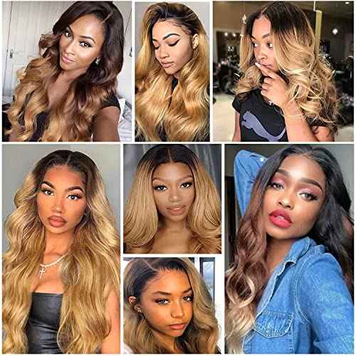 Shining Girl 12A Ombre Body Wave Bundles With Closure Brazilian Virgin Remy 100% Human Hair Ombre 3 Tone T1B/4/27 Color Human Hair Extensions 3 Bundles with 4x4 Lace Closure (16 18 20+14, 1B#/4#/27#)