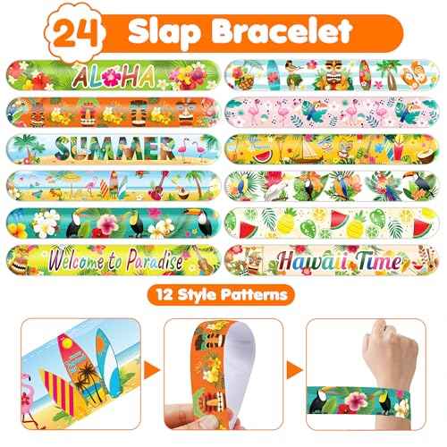 48PCS Hawaiian Party Set - 24PCS Temporary Tattoos & 24PCS Slap Bracelets - Summer-Themed Birthday Supplies, Baby Shower Gifts, Classroom Rewards & Party Decor for Kids (Boys & Girls)