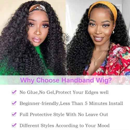 Curly Headband Wig Human Hair 26inch Glueless Deep Wave Human Hair Wigs None Lace Front Wigs for Black Women Water Wave Headband Wig Natural Color
