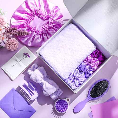 Sawysine 12 Pcs Gift Basket for Women Purple Hair Care Accessories Set Spa Kit for Women's Birthday Christmas Mother's Day Gift Stuff