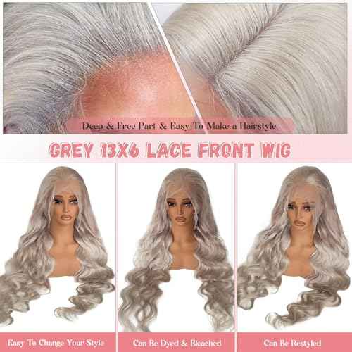 Munx 30 Inch Grey Lace Front Wig Human Hair HD Transparent Lace Frontal Wig for Women 180% Density Pre Plucked Glueless Silver Grey Body Wave Wigs with Baby Hair