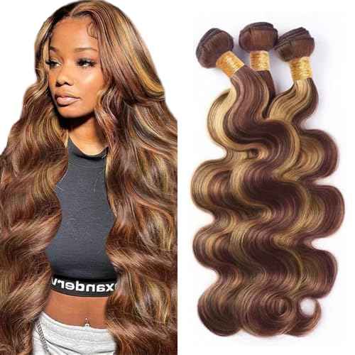 P33/27 Highlight Blonde Bundles Human Hair Body Wave Bundles 14 16 18 Inch 3 Bundle Unprocessed Brazilian Virgin Hair Reddish Brown Body Wave Human Hair Extensions 50 Gram Per Bundle
