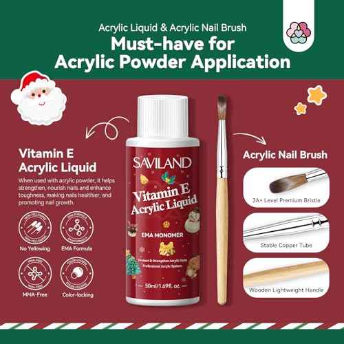 Saviland Acrylic Nail Kit for Starter: 4 Colors Acrylic Powder EMA Monomer Liquid Nail Brush(12#) for Extension Christmas Gift Set