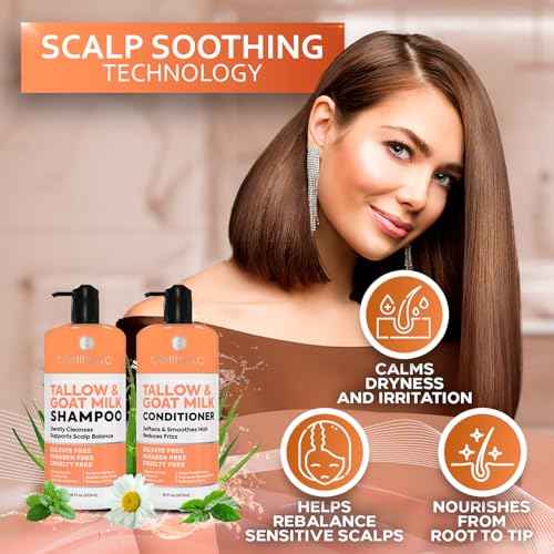 Beef Tallow Shampoo and Conditioner Set with Goat Milk - Sulfate Free Moisture for Women and Men - For Dry, Itchy Scalp - Hydrating, Thickening, Volume Care for Thinning Hair - 16.9 Fl Oz (Pack of 2)