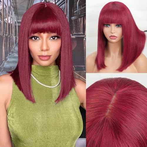 Bob Wig with Bangs Human Hair 200 Density Short Glueless Wigs Ready to Go Straight Bob Bangs Wig for Women Burgundy 14 Inches