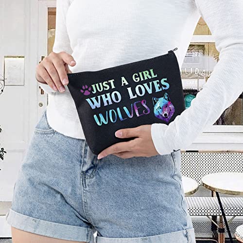 LEVLO Funny Wolf Cosmetic Bag Animal Lover Gift Just A Girl Who Loves Wolves Makeup Zipper Pouch Bag Wolf Lover Gift (Loves Wolves Black)