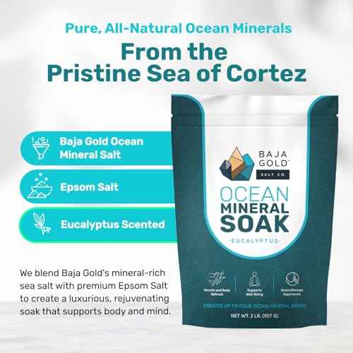 Baja Gold Ocean Mineral Soak ? Natural Magnesium Bath Soak & Trace Elements | Relaxing, Clean Ingredient Soak for Bath, Muscles, Relaxation & Skin Care | Pure, Vegan, 2 Lb Resealable Bag, Eucalyptus