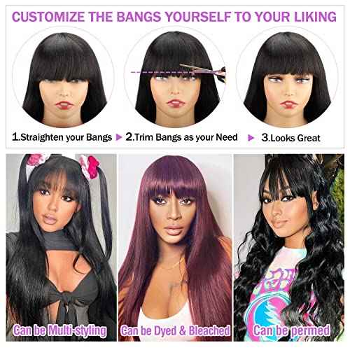 Lativ Straight Human Hair Wigs with Bangs None Lace Front Wigs 150% Density Glueless Machine Made Brazilian Virgin Human Hair Wigs for Black Women Natural Color(24 Inch, Straight)