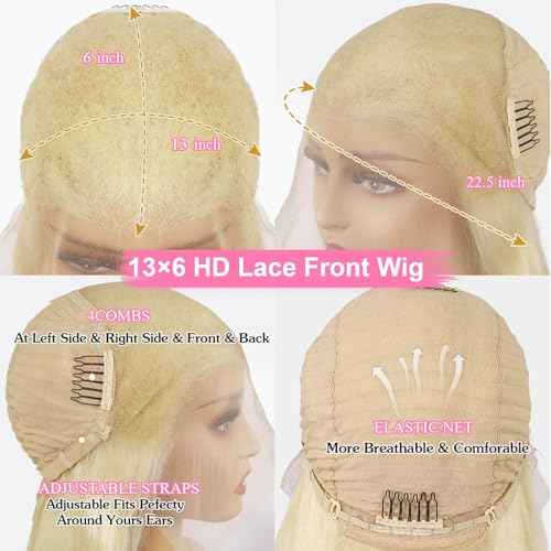 613 13x6 Lace Front Wig Human Hair 200 Density Blonde Wig Human Hair Body Wave 13X6 HD Transparent Lace Front 613 Lace Frontal Glueless Wigs Pre Plucked for Women 22 Inch