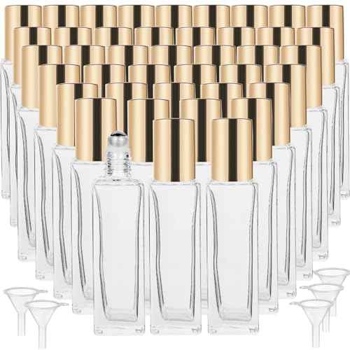 100 Pcs 10 ml Roller Bottles for Essential Oils, Square Thick Empty Glass Roller Bottles with Stainless Steel Roller Balls Protection Leakproof with 5 Funnel for Travel