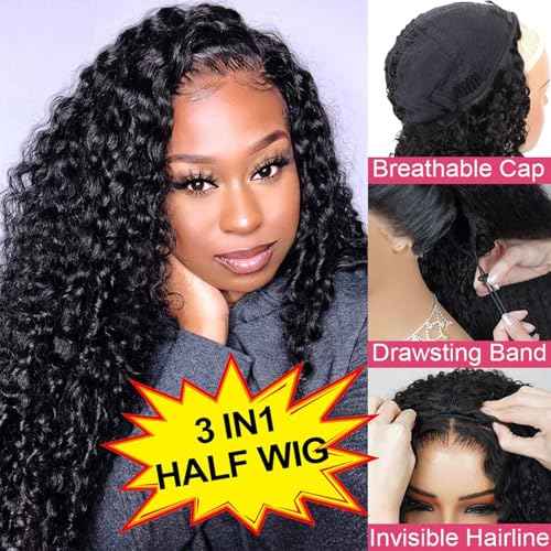 BLG Burmese Curly Half Wig Human Hair 300% Density 3 In 1 Human Hair Half Wigs for Women 16 Inch Curly Seamless Wear and Go Glueless Drawstring Wig Natural Color Quick Install Beginners Friendly Wigs
