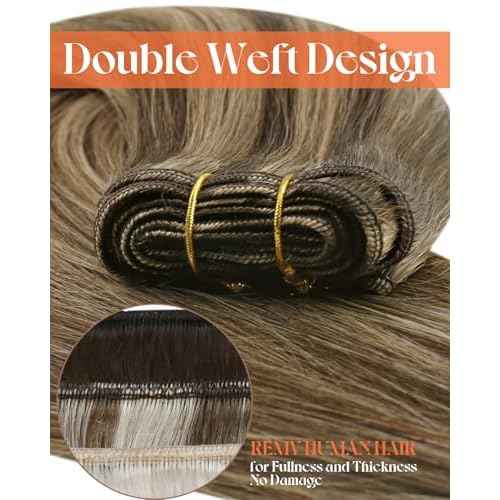 Sunny Hair Sew in Hair Extensions Real Human Hair Dark Brown with Caramel Blonde Highlights Weft Hair Extensions Human Hair Brown Sew in Extensions for Women Real Hair Bundles Human Hair 20inch 100g