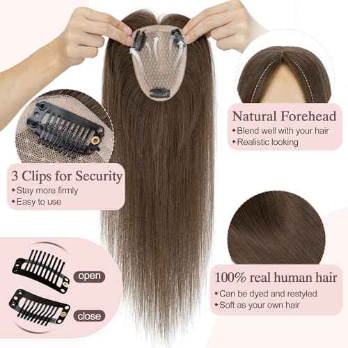 SEGO Hair Toppers for Women Real Human Hair Large Full Silk Base 9 * 14 cm Free Part No Bangs 150% Density Clip In Topper Hairpieces for Women with Thinning Hair -12 Inch #2Y Dark Smoky Brown