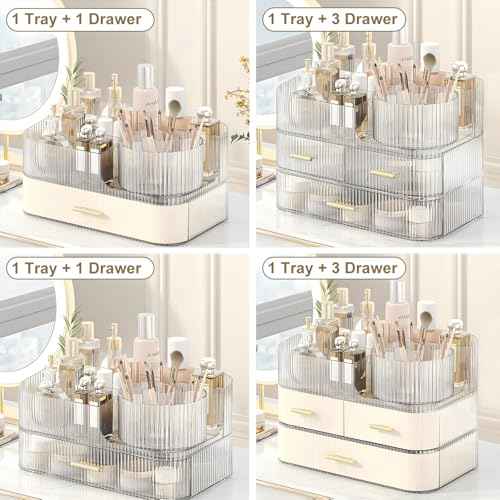 DASITON Makeup Organizer with Drawers and Rotating Makeup Brush Holder,Large Capacity Stackable Cosmetic Organizer Countertop,Bathroom Organizers and Storage,Make up Organizers for Vanity (Clear 02)