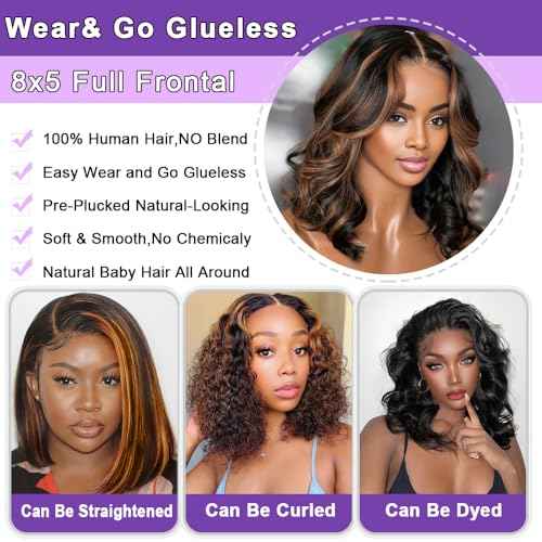 Highlight Bob Wig Human Hair Ombre FB/30 13x6 Lace Frontal Wigs Human Hair 200 Density HD Lace Front Wigs Pre Plucked Hairline Color Short Bob Wigs for Women Glueless Body Wave Human Hair Wig 16 Inch
