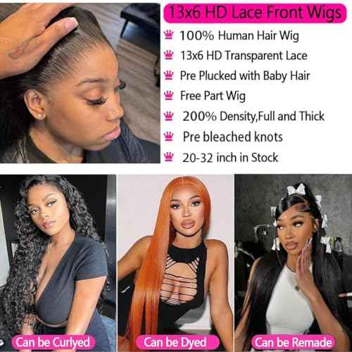 13x6 Lace Front Wigs Human Hair 200% Density Ear to Ear Pre Plucked Pre Bleached Knots with Baby Hair Brazilian Unprocessed Waterfall Straight Human Hair Wigs for Black Women (28 Inch)