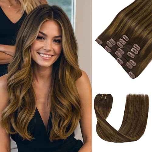 LOVELINE Clip in Hair Extensions Real Human Hair, 100% Remy Human Hair Extensions Clip Ins for Women, 7Pcs 22Inch 120g, Balayage Dark Brown Mixed Chestnut Brown