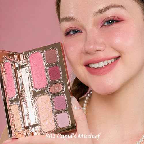 Flower Knows Strawberry Kiss Treasure Set 7 Pieces Makeup Gift Kit,Includes Make-up Palette,Solid Perfume,Lip Cream,Liquid Blush,Hand Mirror,Hair Clip,Powder Puff for Women Girls(Strawberry Treasure)
