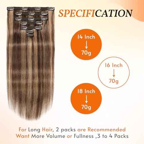 Clip in Hair Extensions Real Human Hair 18 inch, 7Pcs/70g Human Hair Clip in Extensions, Seamless Clip in Hair Extensions Human Hair #4/27 Medium Brown/Dark Blonde, 18 Inch